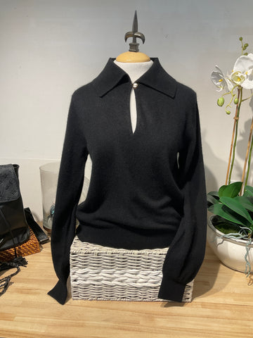 White & Warren Black Keyhole Polo Sweater