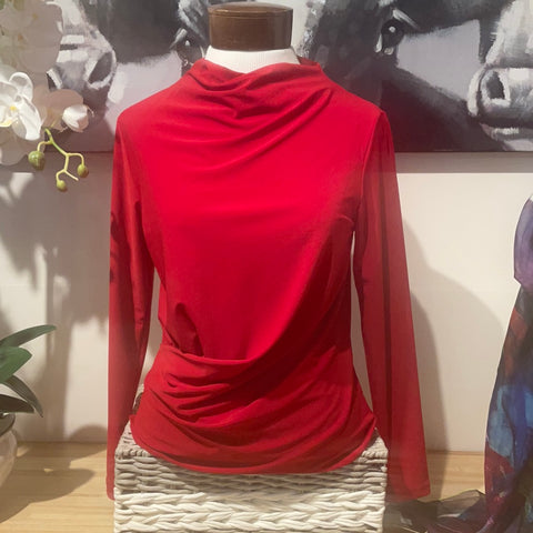 Clara S Red Drape Neck Top W/ Side Ruching