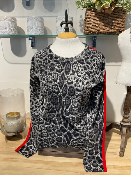 Pure Amici Cashmere Panther Print Crew Long Sleeve Sweater-Gray/Black w/Red Stripe