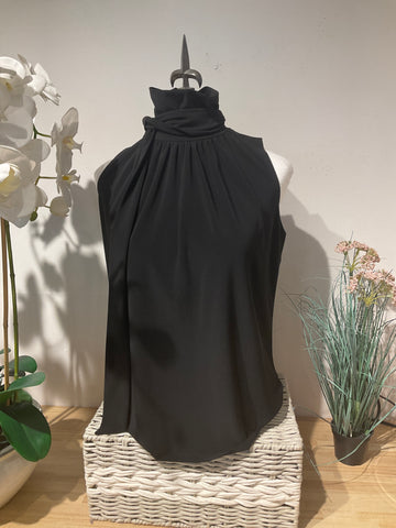 Clara S Black Sleeveless Mock Neck Blouse W Neck Bow Tie