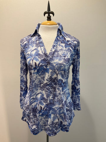 David Cline Blue Print Collared V Neck Top