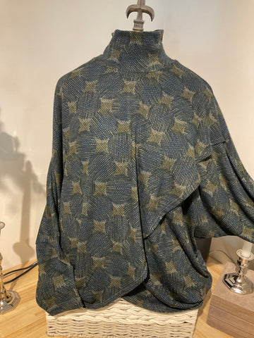 N&M Printed Circles Mock Neck Cross Front Top