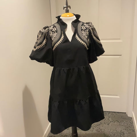 Black Embroidered Tiered Puff Sleeve Dress