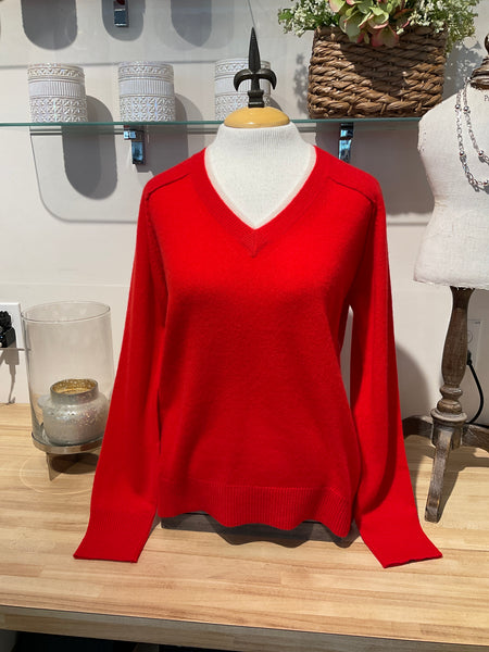 Pure Amici Cashmere Double Collar V-Neck Long Sleeve Seater-Fire/White