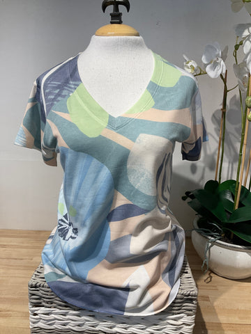 Nally & Millie Light Green Floral V Neck Short Sleeve Tee