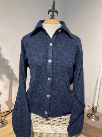 N&M Navy Brushed Collar Buttoned Top