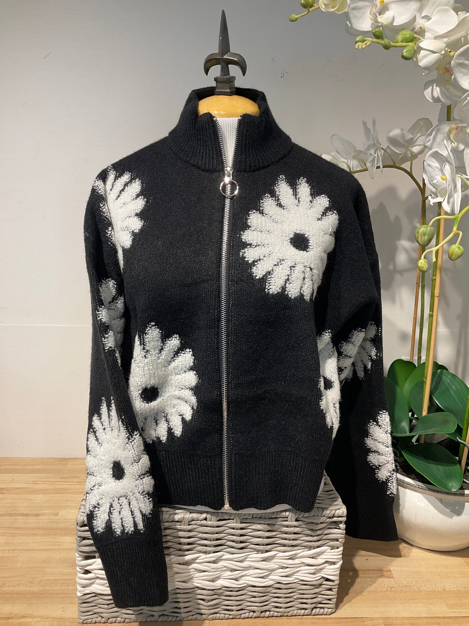 R&R Black Flower Print Zip Up Sweater