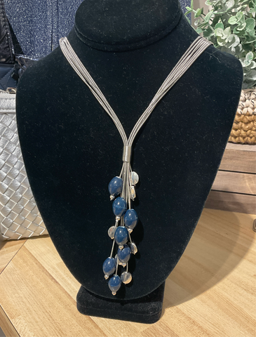 Sea Lily Silver Wire Lariat Necklace with Navy Porcelain Beads