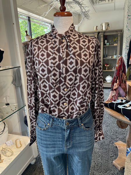 Esqualo Print Blouse w/Short Bow-Warm Cacao