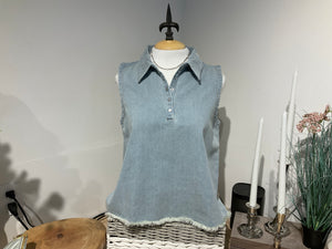 Hello Nite Denim Fringe Snap Polo Top