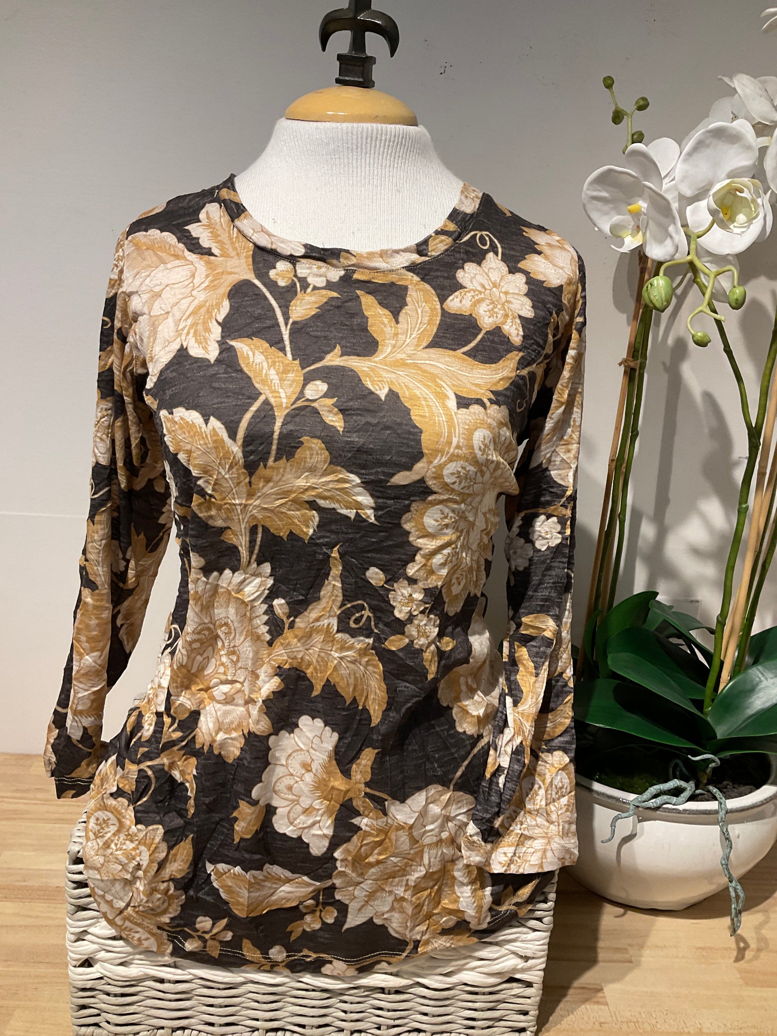 David Cline Crew Neck Brown Flower Print Tee