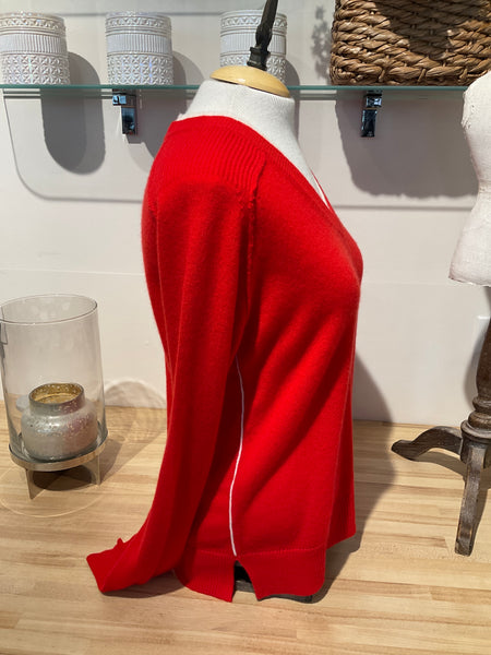 Pure Amici Cashmere Double Collar V-Neck Long Sleeve Seater-Fire/White