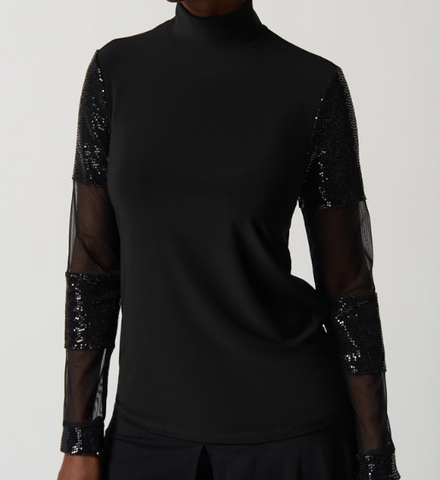 Joseph Ribkoff Silky and Mesh Mock Neck Fitted Top Black