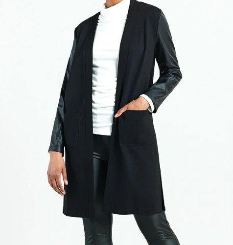 Clara S Ponte Knit W/ Liquid Leather Sleeve Pocket Cardigan