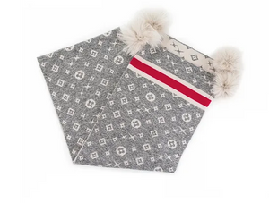 MM Grey Knit Scarf Monogram Pattern And Contrasting Border W/ Fox Pompoms