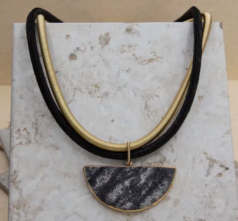 Sea Lily Black Leather W/ Gold Wire Necklace w Half Moon Aragonite Pendant