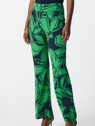Joseph Ribkoff Blue/Green Floral Print Silky Knit Pull-On Pants
