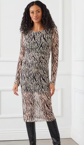 Karen Kane Printed Side Shirred Midi Mesh Dress