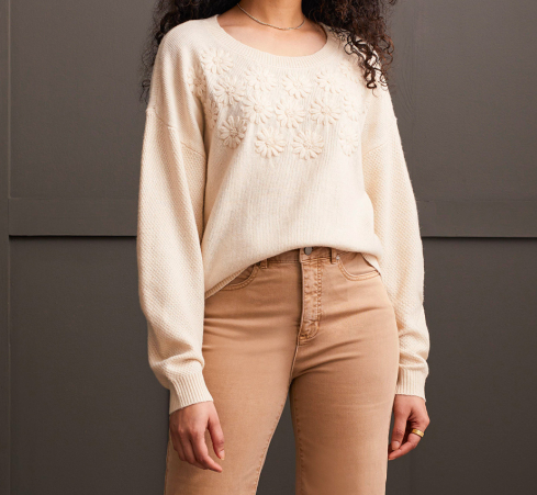 Tribal Cream Embroidery Flower Sweater