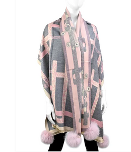 MM Pink Wide Scarf W/ Animal Print And Pink Pompoms