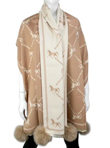 MM Beige Wide Scarf W/ Horse & Lattice Print