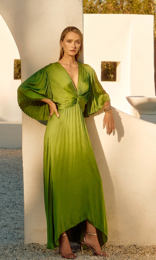 JR Green Pleated Satin Midi Dress