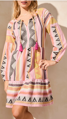 Tribal Raglan Tiered Dress Flamingo