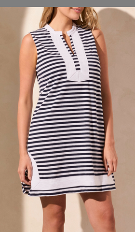 Tribal Blue And White Stripe Sleeveless Dress W/ Tape Details