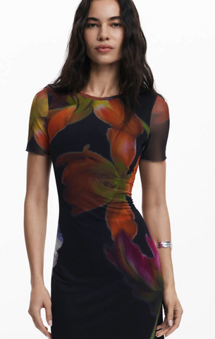 Desigual Black Mesh Floral Print Maxi Dress