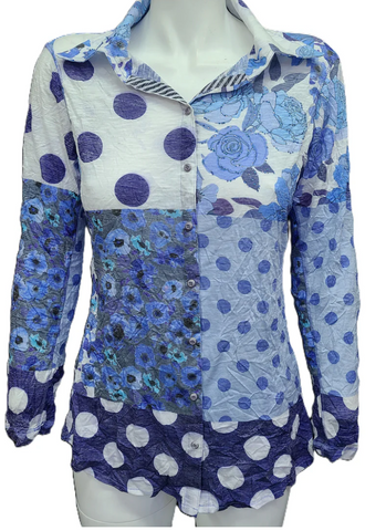 David Cline Blue Floral Print 3/4 Sleeve Top