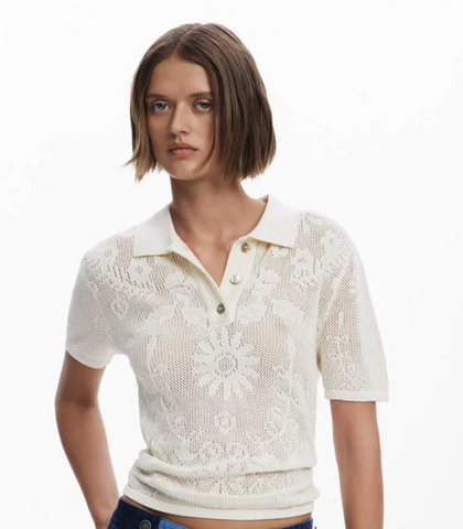 Desigual Ivory Polo Shirt W/ Eyelets