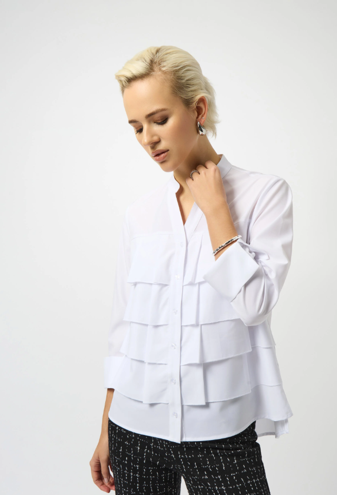 Joseph Ribkoff White Stretch Poplin Ruffled Blouse