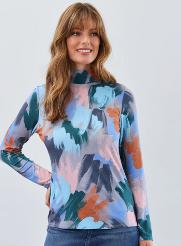FDJ Abstract Print Long Sleeve Mock Neck Top