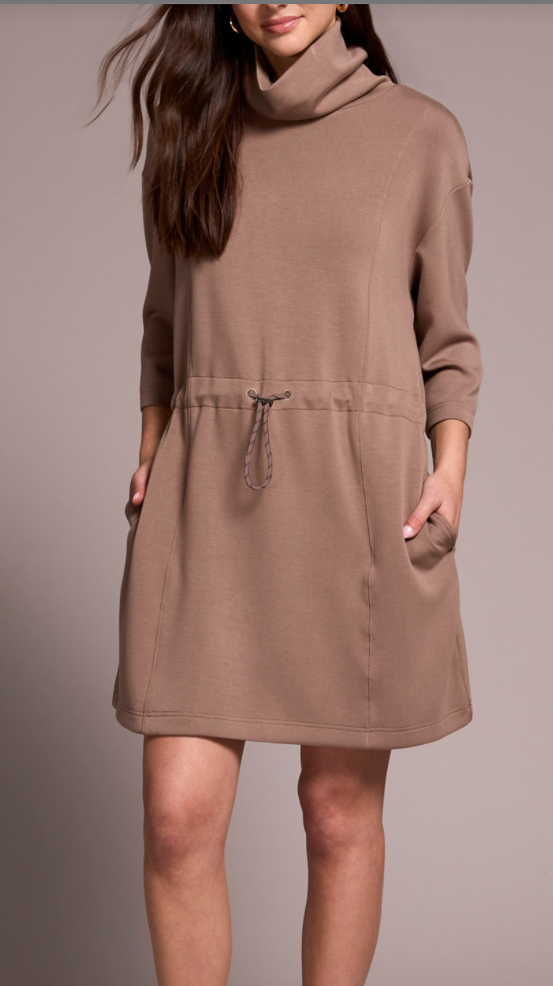 Tribal Mocha 3/4 Sleeve Funnel Neck Dress W Drawcord