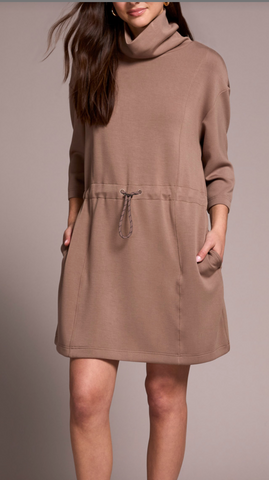 Tribal Mocha 3/4 Sleeve Funnel Neck Dress W Drawcord