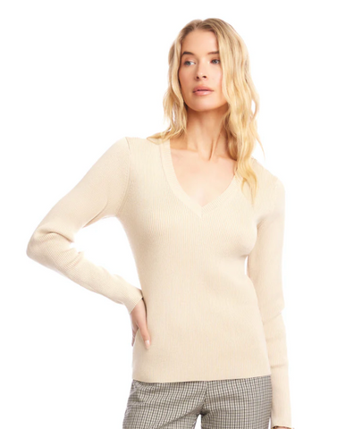 Karen Kane Ribbed Cream V Neck Sweater