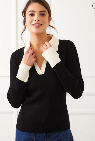 Karen Kane Contrast Ribbed Polo Sweater