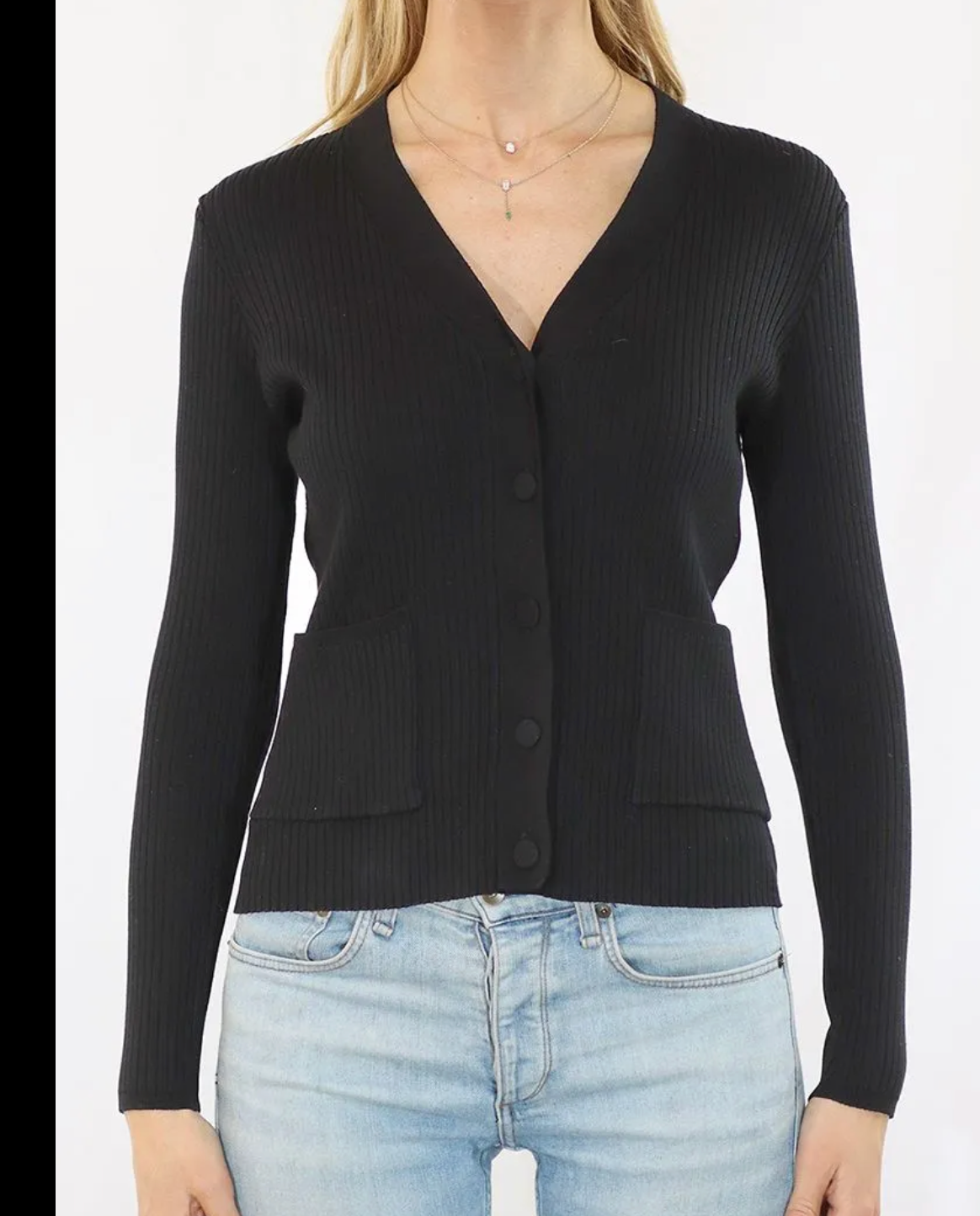 Metric Knits Black Long Sleeve Rib Cardigan With Covered Buttons