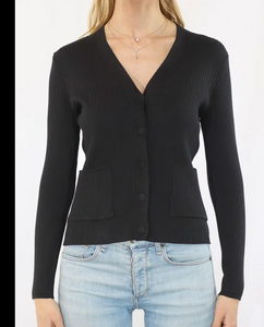 Metric Knits Black Long Sleeve Rib Cardigan With Covered Buttons