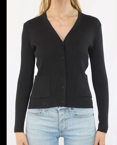 Metric Knits Black Long Sleeve Rib Cardigan With Covered Buttons