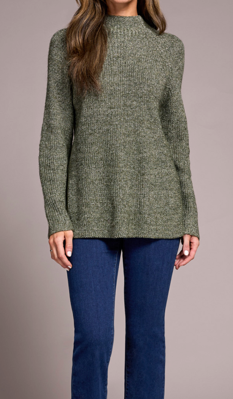 Tribal Mock Neck Heathered Spruce Sweater W  Side Slits