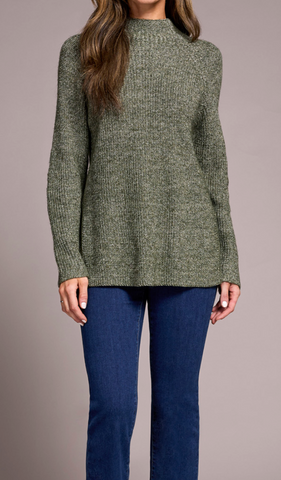 Tribal Mock Neck Heathered Spruce Sweater W  Side Slits