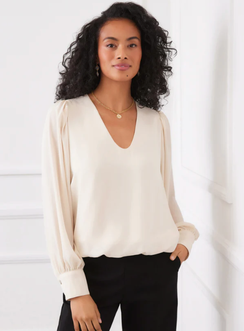 Karen Kane Antique Cream Puff Sleeve V Neck Top