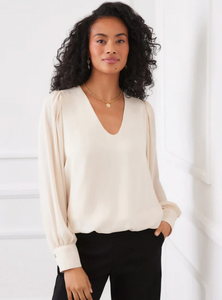 Karen Kane Antique Cream Puff Sleeve V Neck Top