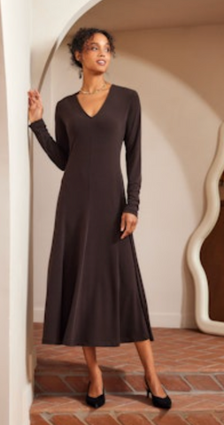 Karen Kane Kate Brown V Neck Midi Travel Dress
