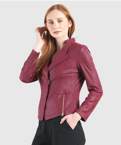 Clara S Merlot Liquid Leather Jacket W Zip Details