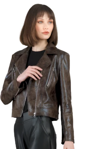 Clara S Brown Distressed Leather High Waist Jacket W Cuff Zip Detail