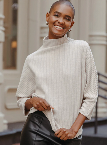 Clara S Soft Ribbed Mock Neck Sweater
