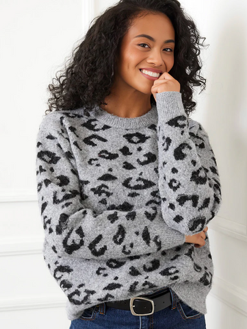 Karen Kane Metallic Animal Print Crew Neck Sweater