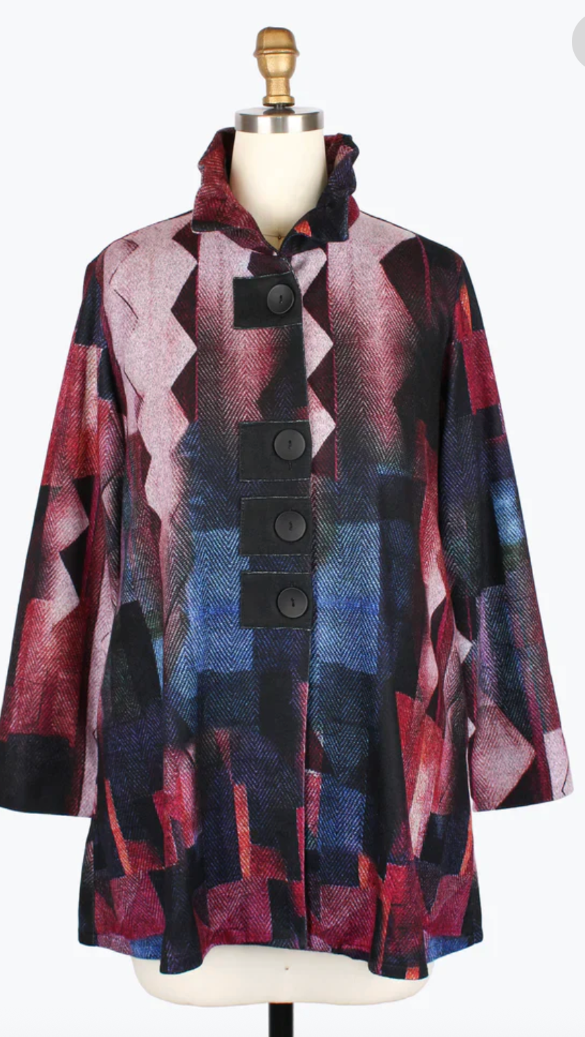 Damee Zig Zag Long Button Patch Coat Wine/Multi